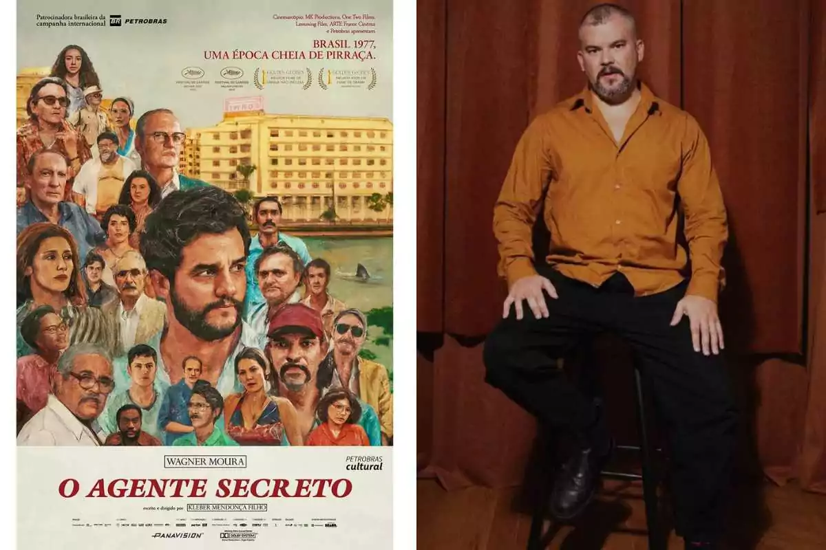 fotomontagem do pôster e do diretor de elenco de o agente secreto, gabriel domingues
