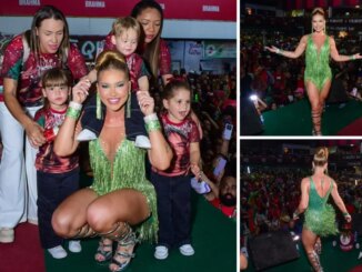 Virginia leva os filhos para o ensaio da Grande Rio