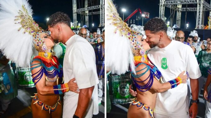 Viviane Araujo beija o marido antes de desfilar pela Mancha Verde - Edu Araujo Agnews