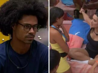 Fotomontagem de Breno sério e Jordana fazendo alerta a Gabriela no BBB 26