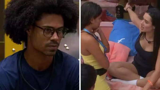 Fotomontagem de Breno sério e Jordana fazendo alerta a Gabriela no BBB 26