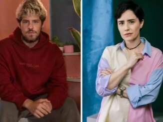 fotomontagem de Raul (Paulo Mendes) e Samira (Fernanda Vasconcellos) em Três Graças